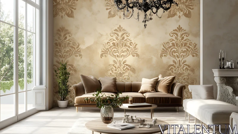 Symmetrical neoclassical living room uses ornate damask accent wall