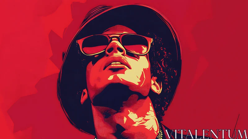 Stylized portrait of person in sunglasses on red backdrop.