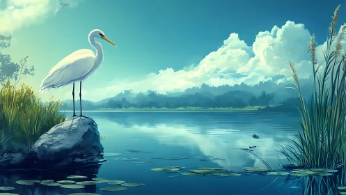 Solitary white egret on lakeside rock under cumulus sky