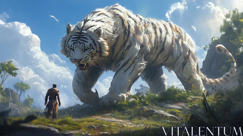 Warrior Confronts Colossal Stone Tiger in Mythical Valley.
