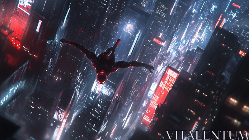 Lone masked hero dives through neon rain over cyber city