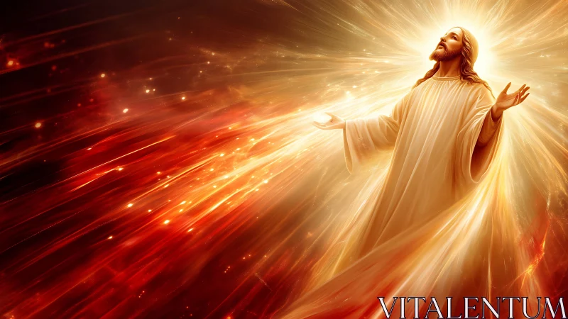 Radiant robed figure ascending in glowing golden light.