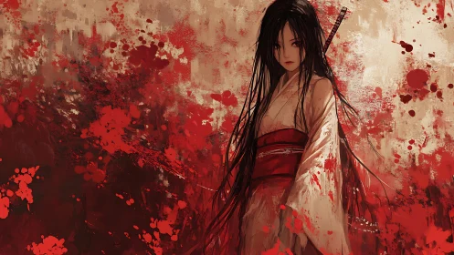 Blade-worn samurai girl amid violent red paint storm.