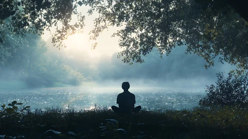 Silhouette seated by misty lakeside under overhanging trees.