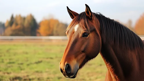 Brown horse portrait in pasture with soft autumn background.