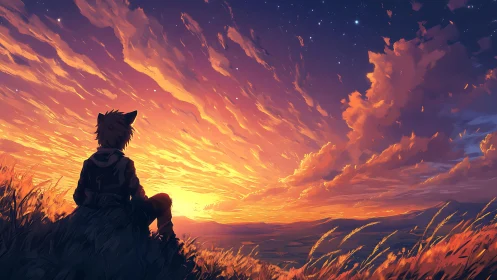 Solitary figure watching vivid orange sunset sky.