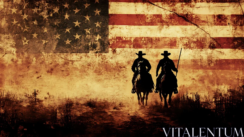 Dust-lit cowboys drift beneath a weathered American dream