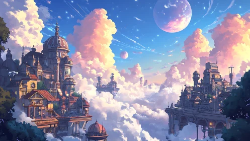 Skyborne twin cities drifting among cotton nebulae.