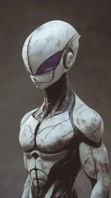 Weathered bio-mech sentinel with violet visor calm stare.