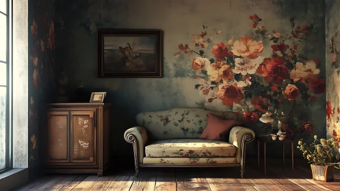 Floral patterned sofa in vintage interior setting with cabinet.