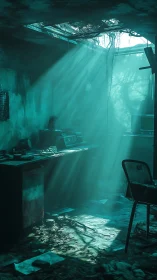 Volumetric light penetrating derelict teal laboratory interior.