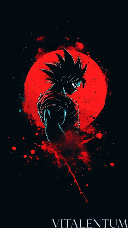 Silhouetted anime warrior against red splatter sun backdrop