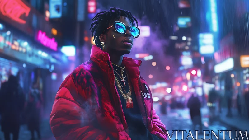 Neon-soaked style icon walking through electric city rain.