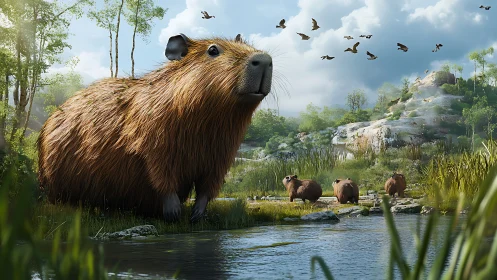 Giant capybara daydreams by a sunlit river kingdom.