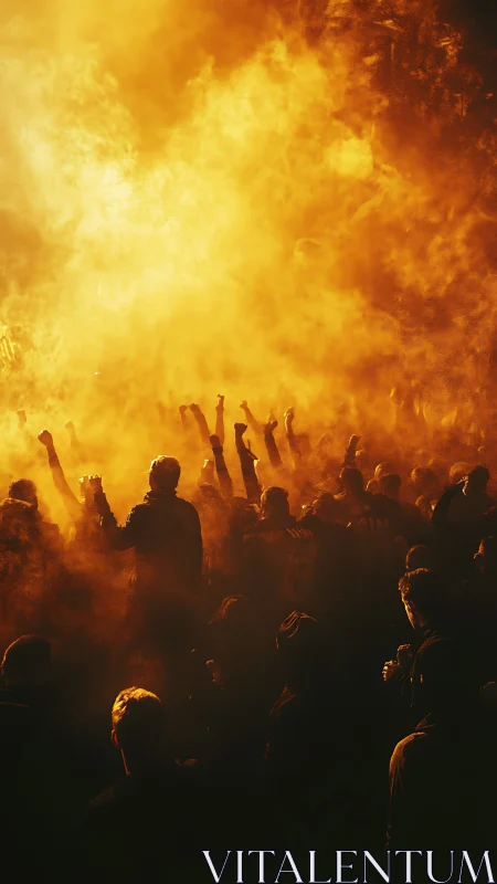 Silhouetted crowd beneath inferno sky erupts with raised arms.