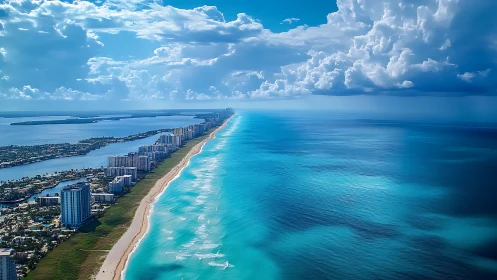 High-rise shoreline dividing turquoise sea and bay panorama.