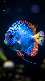 Vibrant blue discus fish glows against dark aquatic depth.