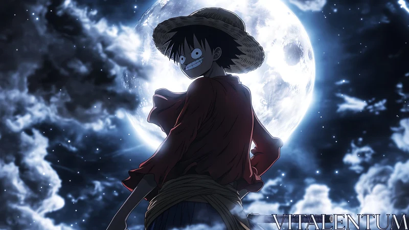 Straw-hatted hero stands defiant beneath a glowing full moon