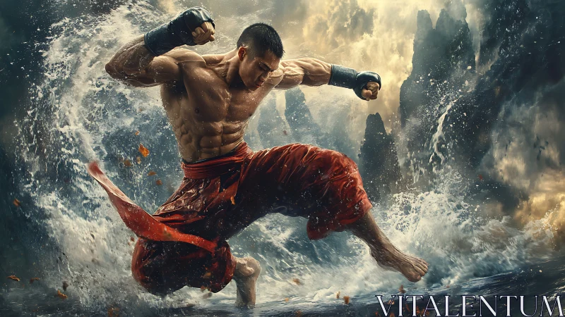 Martial artist executes dynamic kick amid explosive waves