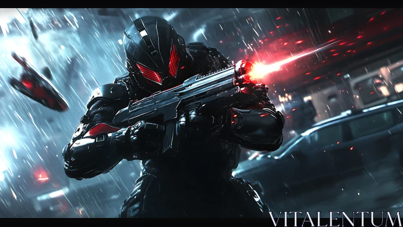 Armored cybernetic soldier discharges rifle in rain-soaked urban street