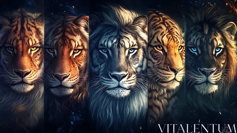 Five Majestic Big Cats Gaze Boldly from Starlit Darkness