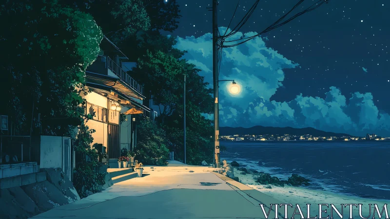 Seaside streetlamp glows beside a quiet starry shoreline.