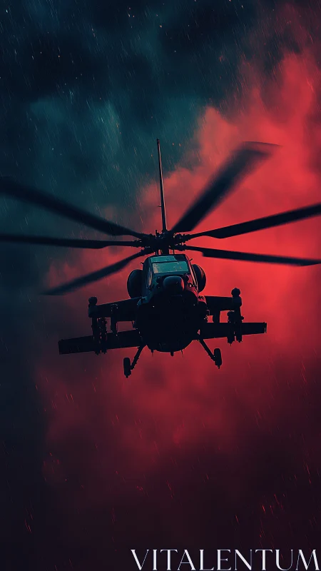 Night-storm gunship slices through neon crimson rain.