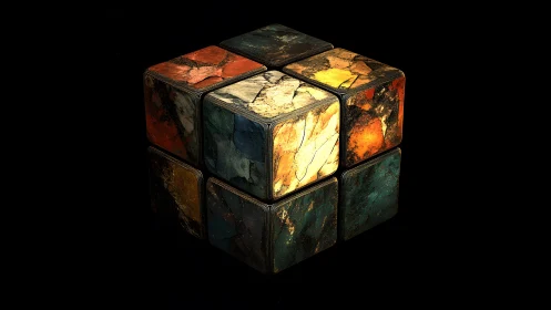 Weathered Artistic Cube with Textured Marble Surfaces in 3D Style.