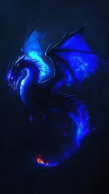 Luminous sapphire dragon soaring through deep night sky.