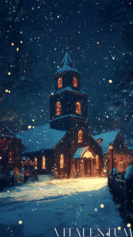 Snowlit Christmas church under deep winter night sky.