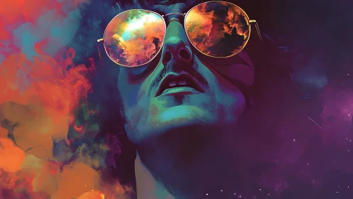 Neon-lit portrait shows reflective sunglasses and cosmic smoke