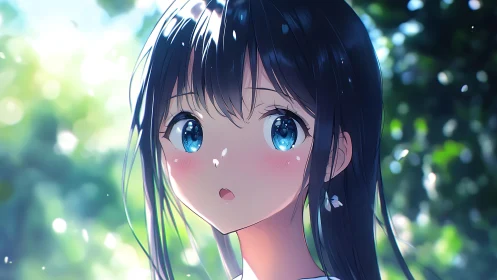 Anime girl gazes upward under soft forest daylight bokeh