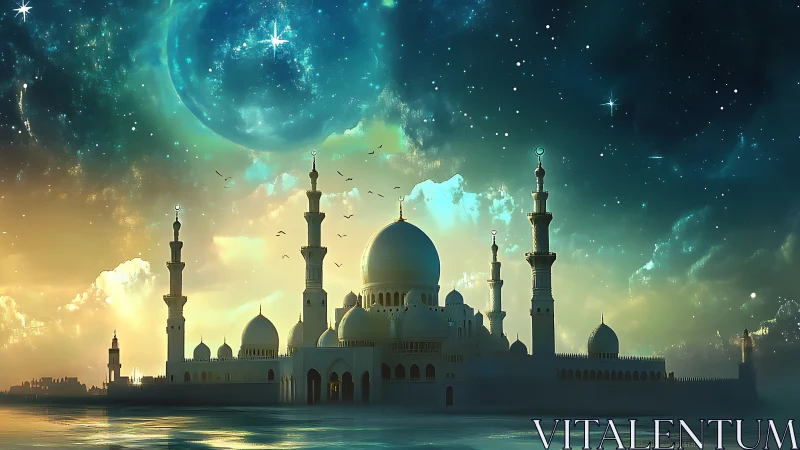 Starlit domed palace resting beneath a glowing cosmic sky.