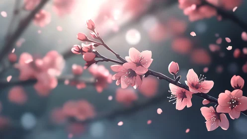 Cherry blossom branches rendered with depth of field and particle effects