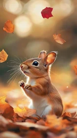 Small rodent stands among autumn leaves under soft light