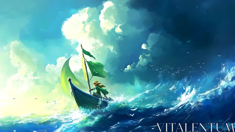 Small sailboat cuts through bright teal ocean waves under clouds