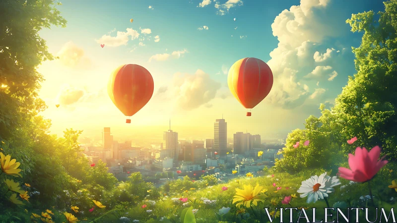 Gentle hot air balloons drift above a sunlit city garden