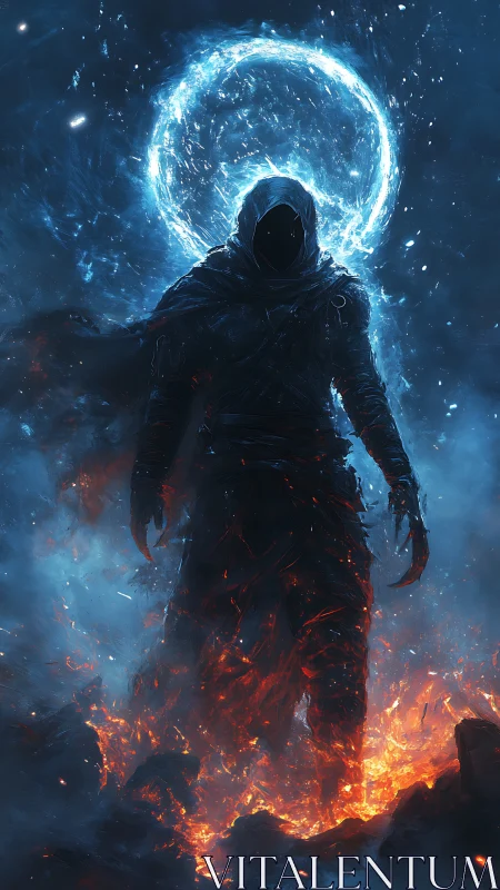 Digital painting of elemental wraith amid fire and haloed void.