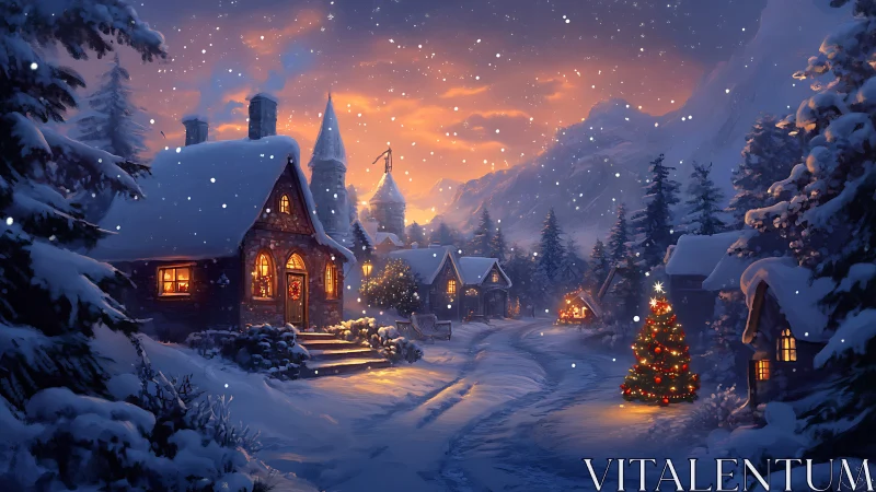 Snow-covered village street glows under warm festive twilight