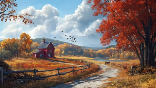 Digital painting of red farmhouse in luminous autumn landscape.