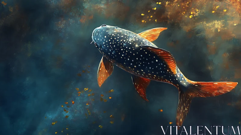 Spotted koi glides through luminous teal water column.