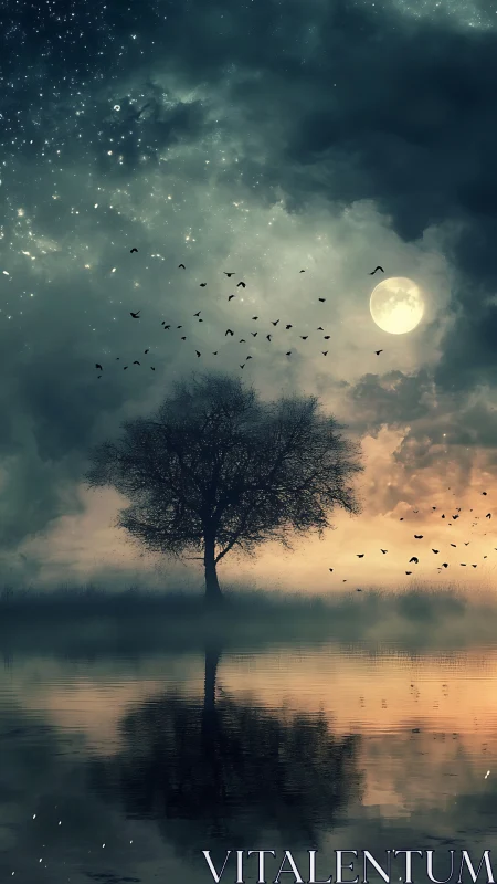 Solitary lakeside tree under moonlit cloudy night sky.
