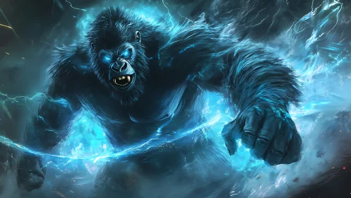 Electric blue gorilla unleashes energy in stormy scene.