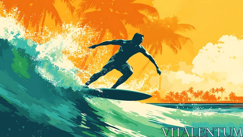Sunlit surfer rides a tropical wave in bold summer colors