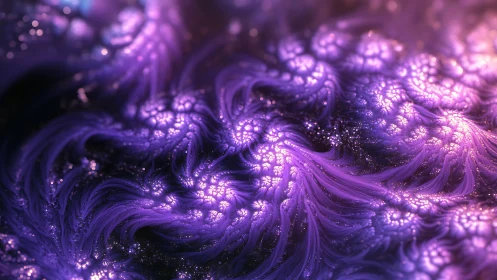 Luminous violet fractal blooms flow through cosmic currents.