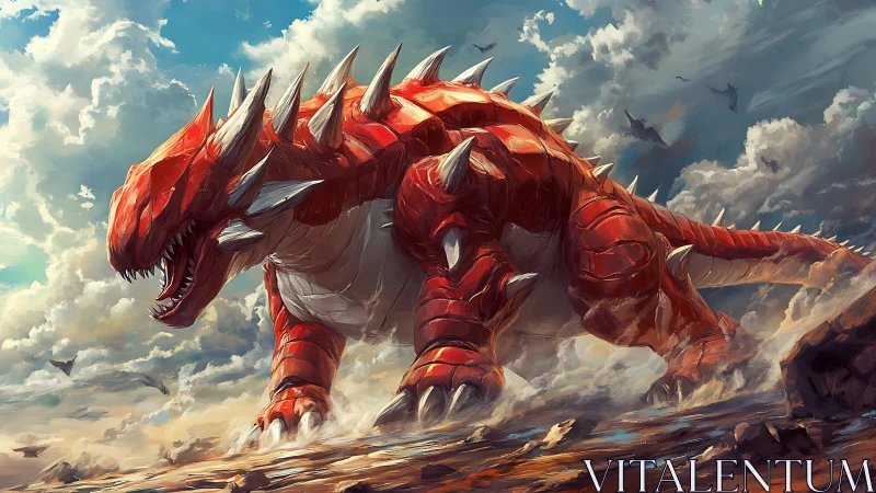 Red spiked dragon-like creature in cloudy open landscape.