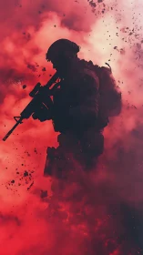 Silhouetted soldier strides forward through blazing red smoke