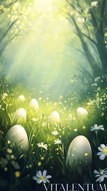 Sunlit forest meadow renders luminous eggs with atmospheric bloom
