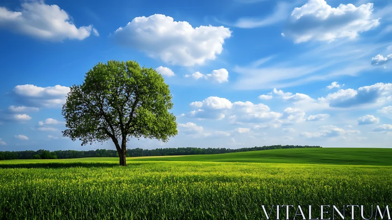 Solitary green tree rises over expansive summer meadow