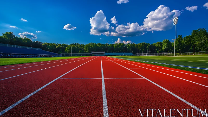 Crimson raceway stretches under storybook summer clouds.